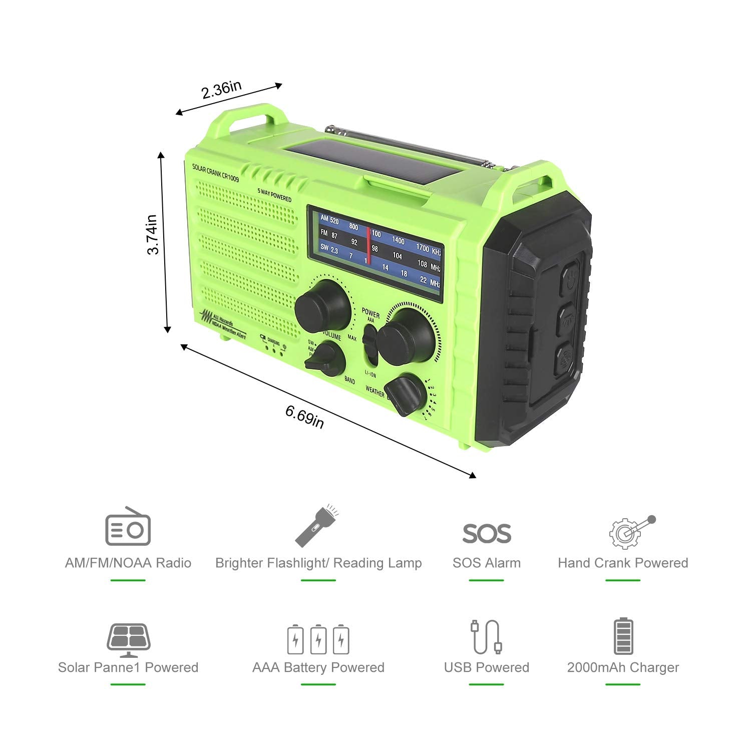 OnLyee Hand Crank Radio, Emergency Weather Solar Portable Radio 5-Way Power Sources AM/FM/SW/NOAA Weather Radio with LED Flashlight, Reading Lamp, 2000mAh Power Bank USB Phone Charger, SOS Alarm and