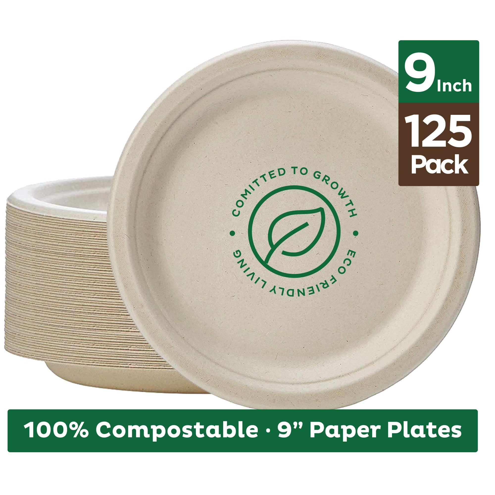 Stack Man 100% Compostable 9" Paper Plates [125-Pack] Heavy Duty Eco-Friendly Made of Sugar Cane