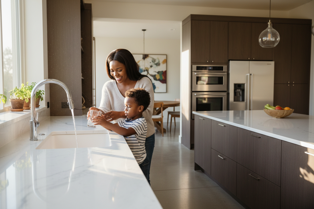 Photo of African American woman helping her son to fill a glass of water from the kitchen faucet.