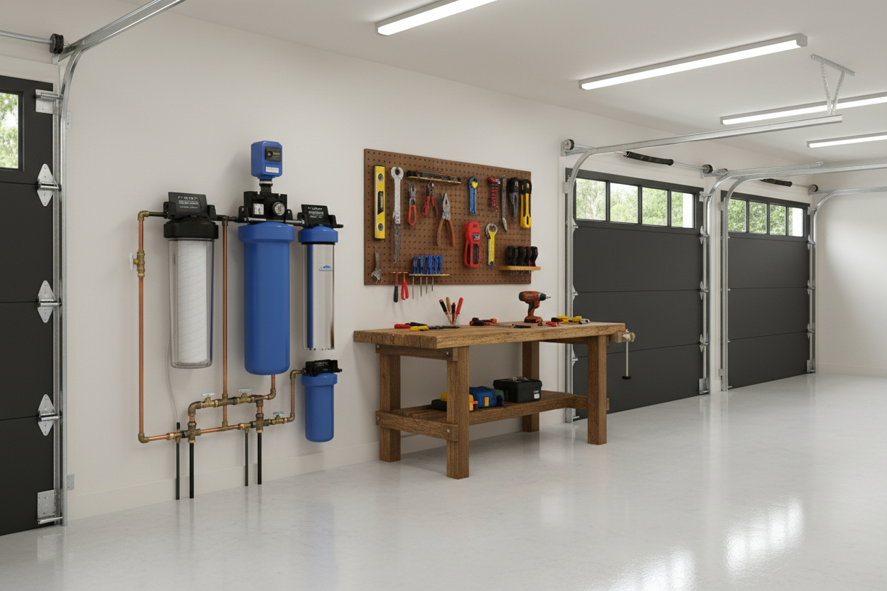 Photo of a Whole House Filtration System attached to the wall inside of a large garage.