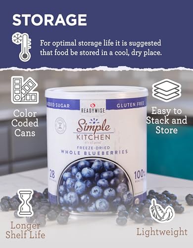 READYWISE - Simple Kitchen Freeze Dried Whole Blueberries, 28 Servings, Vegan, Gluten Free, Fruit Snacks, Emergency Supplies, Dehydrated Fruit, Blueberries
