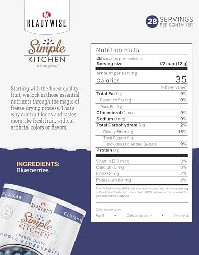 READYWISE - Simple Kitchen Freeze Dried Whole Blueberries, 28 Servings, Vegan, Gluten Free, Fruit Snacks, Emergency Supplies, Dehydrated Fruit, Blueberries