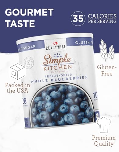 READYWISE - Simple Kitchen Freeze Dried Whole Blueberries, 28 Servings, Vegan, Gluten Free, Fruit Snacks, Emergency Supplies, Dehydrated Fruit, Blueberries