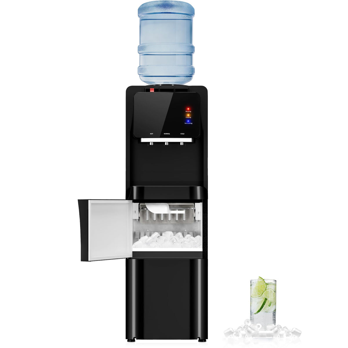 Manastin 4-in-1 Water Dispenser with Ice Maker, Hot &amp; Cold &amp; Room Temperature Top Loading Water Cooler with Fast Ice Making, Child Lock, Compatible with 3–5 Gallon Bottles, for Home and Office
