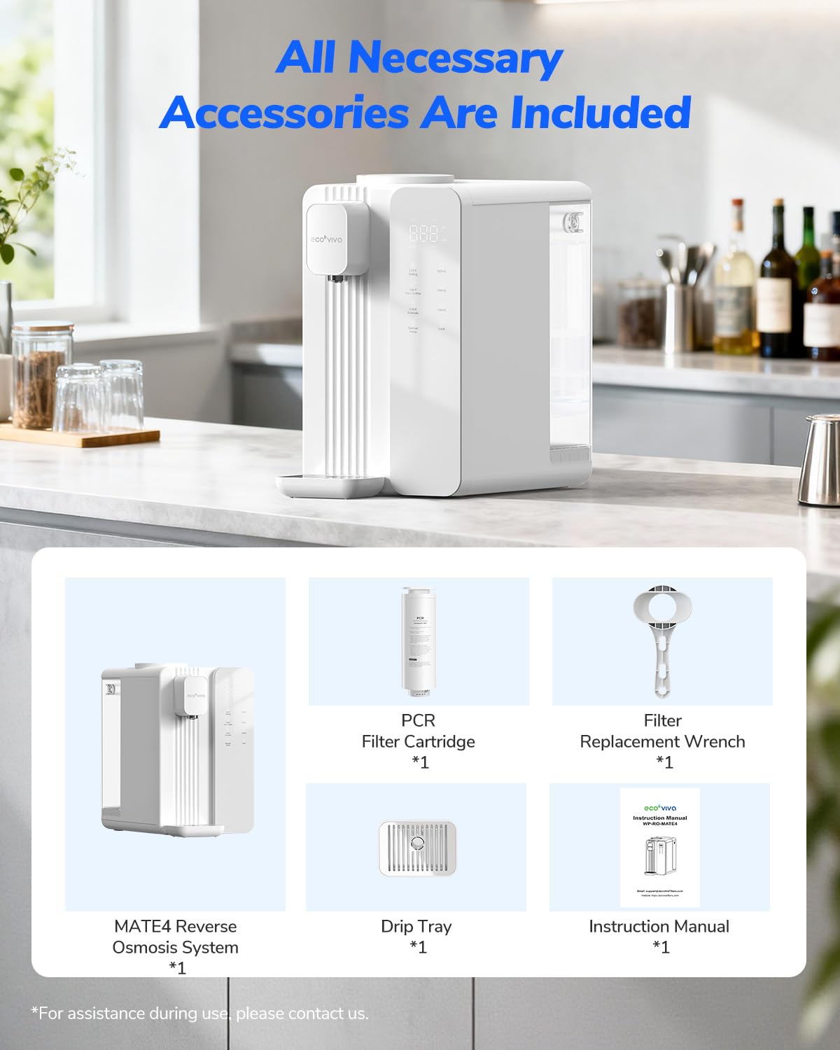 Ecoviva Mate 4 Countertop Reverse Osmosis Water Filter System with UV, BPA Free, 7-Stage Filter, Pure to Drain 3:1, Instant-Hot, Indoor No Installation, Meet NSF/ANSI 58 Desktop Water Purifier