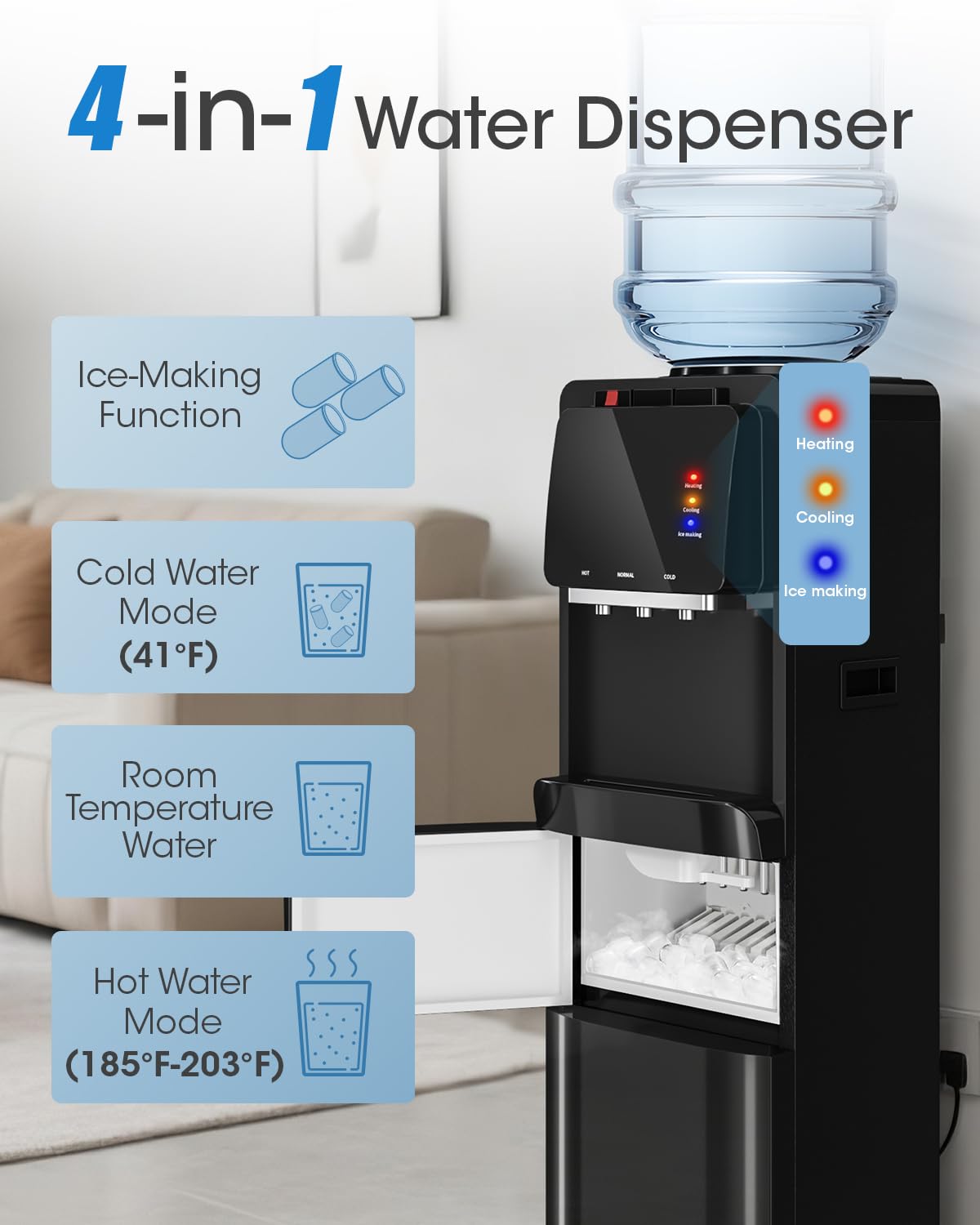 Manastin 4-in-1 Water Dispenser with Ice Maker, Hot &amp; Cold &amp; Room Temperature Top Loading Water Cooler with Fast Ice Making, Child Lock, Compatible with 3–5 Gallon Bottles, for Home and Office
