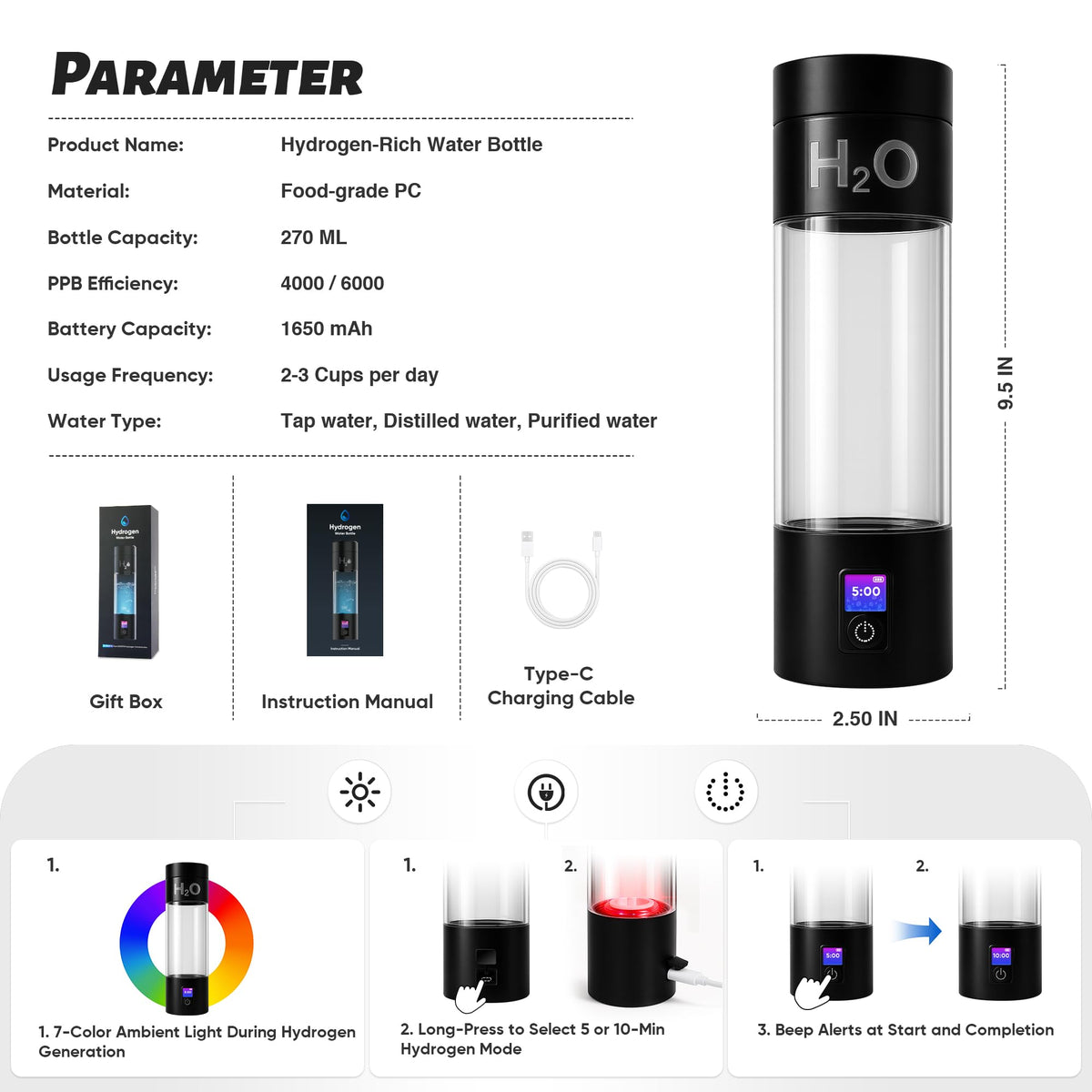 TzzToiT Hydrogen Water Bottle Generator