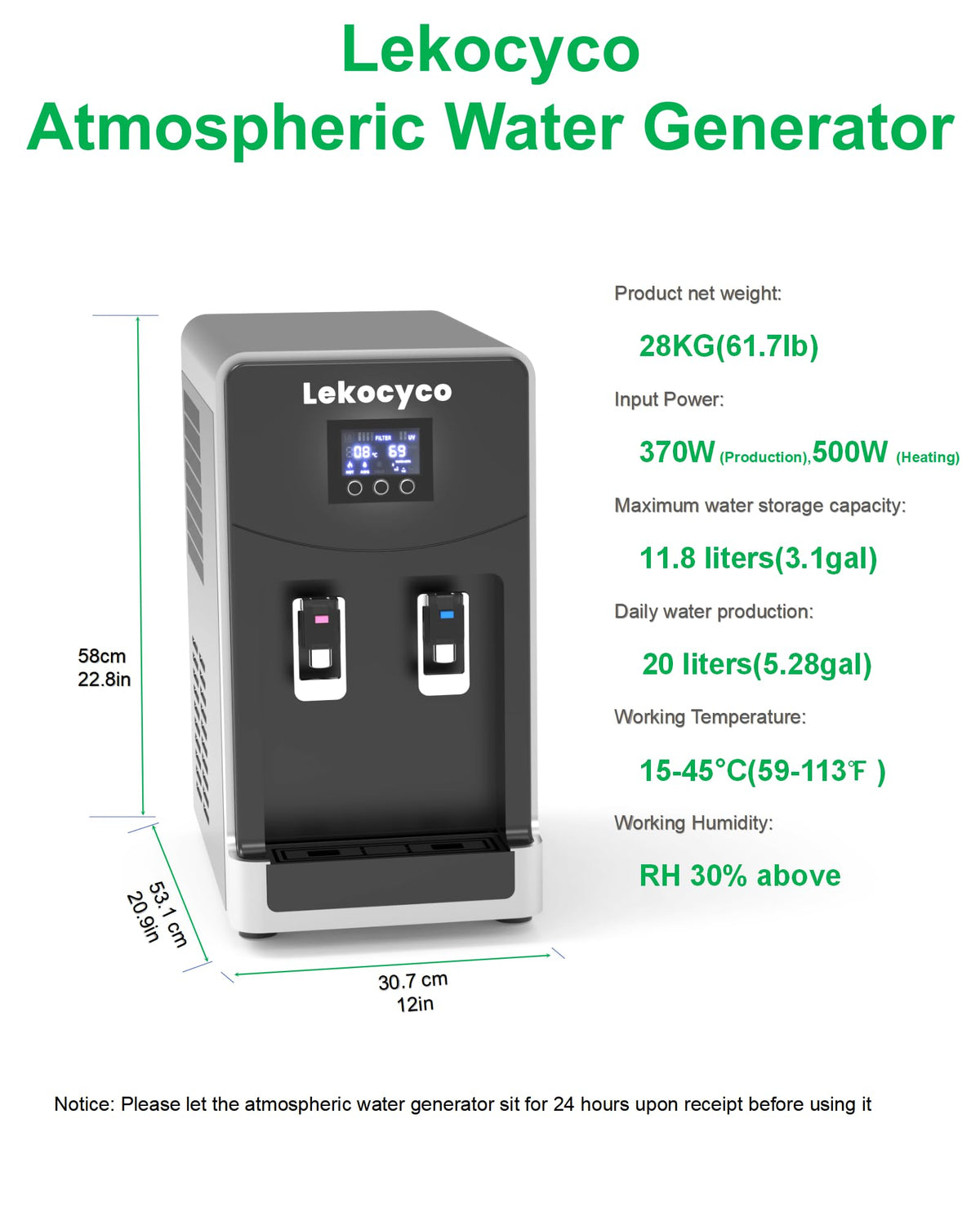 20L Lekocyco Desktop Atmospheric Water Generator,No Need to Connect The Pipe, Producing 20L(5.3Gallons) of Hot &amp; Cold Pure Water Per Day, The Ideal AWG for Off-Grid RV Living
