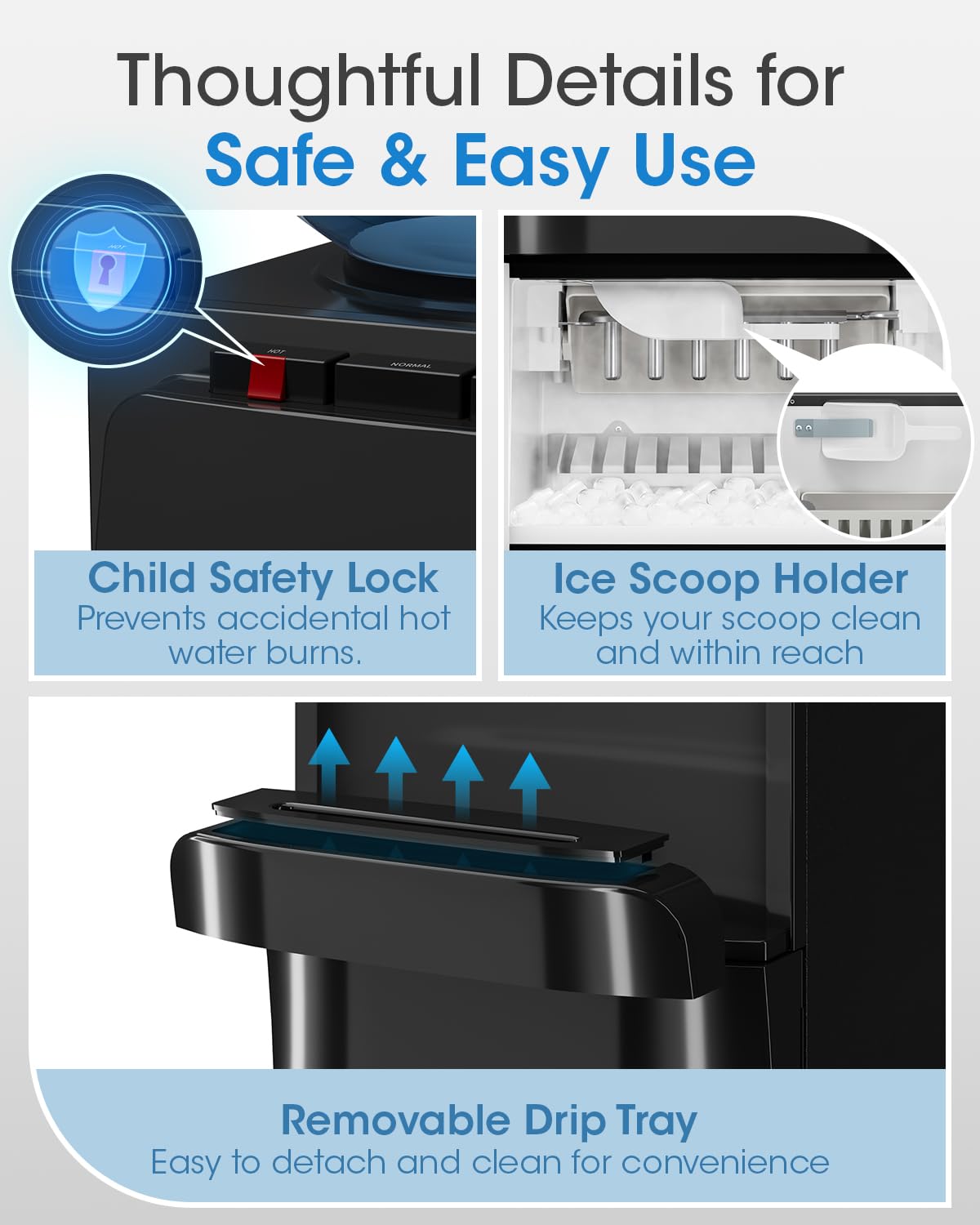 Manastin 4-in-1 Water Dispenser with Ice Maker, Hot &amp; Cold &amp; Room Temperature Top Loading Water Cooler with Fast Ice Making, Child Lock, Compatible with 3–5 Gallon Bottles, for Home and Office