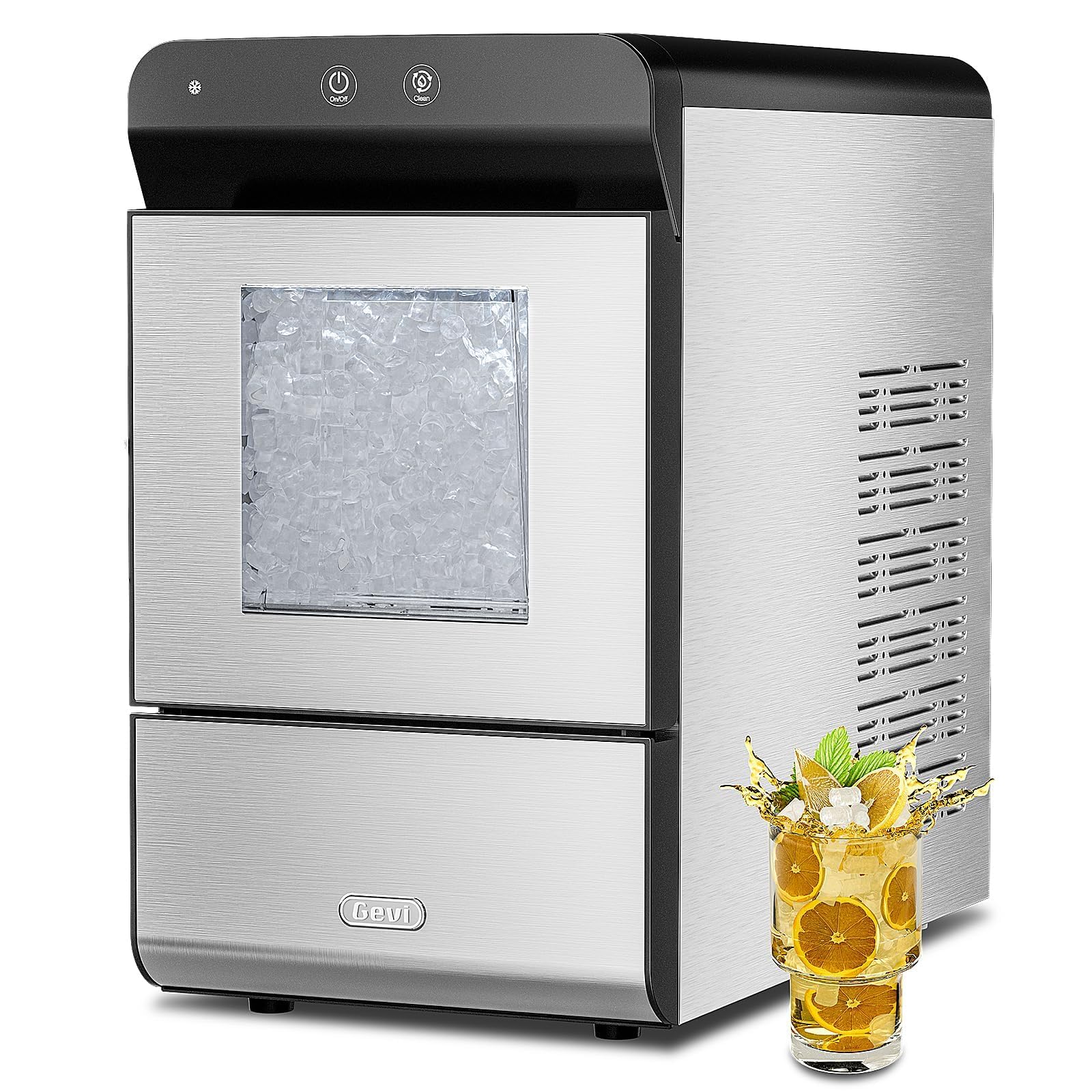Gevi V2.0 Countertop Gemi Nugget Ice Maker | Self-Cleaning Pellet Ice Machine | Stainless Steel Housing |16.7''H Fits Perfectly Under Wall Cabinet | Silver with Viewing Window
