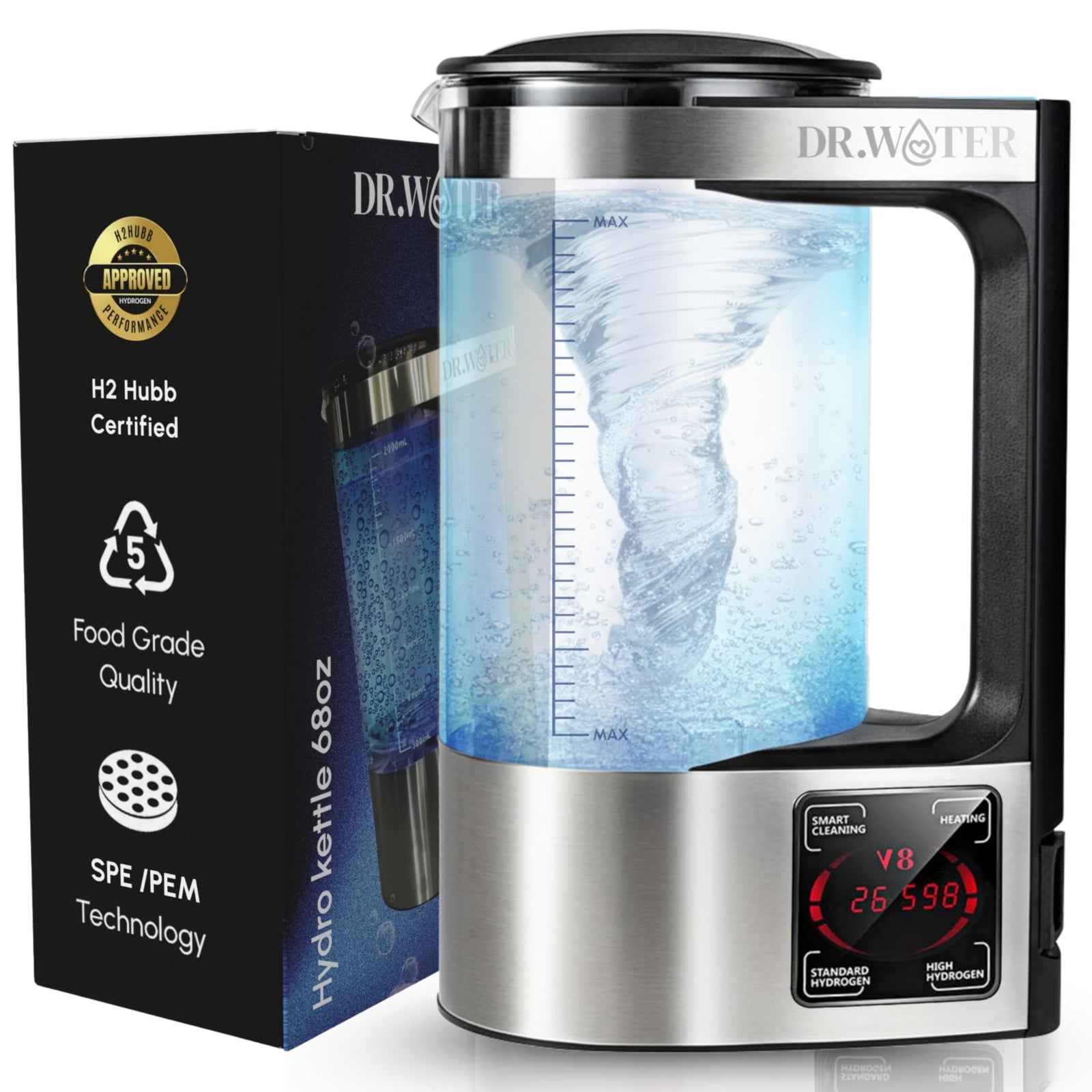 HydroPitcher | 68 Oz Hydrogen Water Pitcher - BPA Free Rich Hydrogen Water Generator - Electrolysis Jug with SPE/PEM Technology Hydrogen Water Machine | Chlorine Free Large Hydrogen Water Bottle