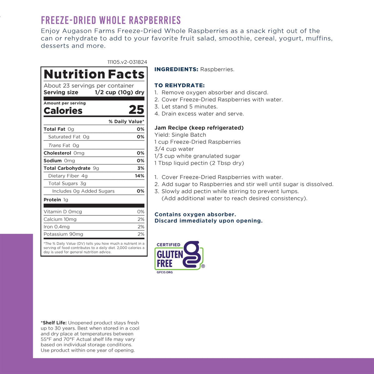 Augason Farms Freeze Dried Whole Raspberries #10 Can, 8 oz