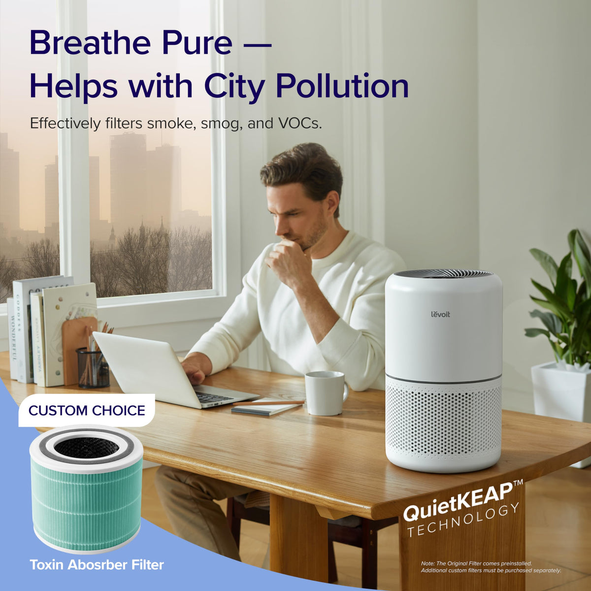 LEVOIT Air Purifier 3-in-1 Filter with HEPA sleep mode, Remove Dust Smoke Pollutants Odor