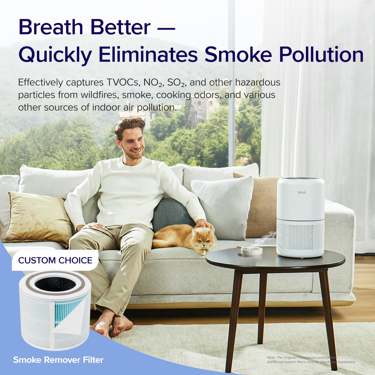 LEVOIT Air Purifier 3-in-1 Filter with HEPA sleep mode, Remove Dust Smoke Pollutants Odor