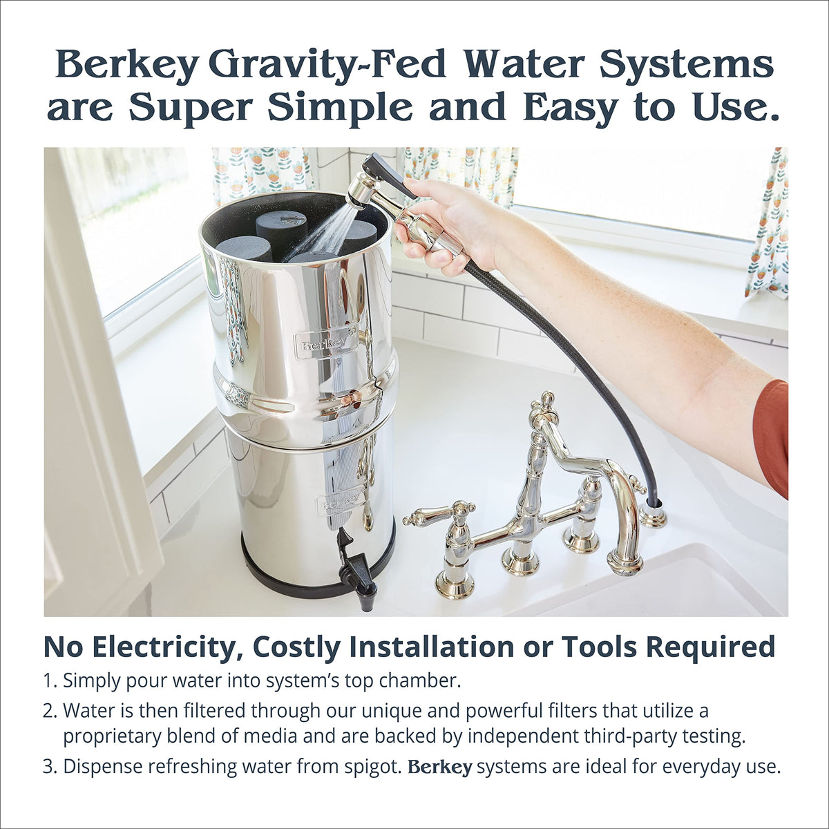 Royal Berkey Gravity-Fed Water Filter System with 2 Black Berkey Elements Plus Deluxe 10&quot; Stainless Steel Berkey Water View Spigot