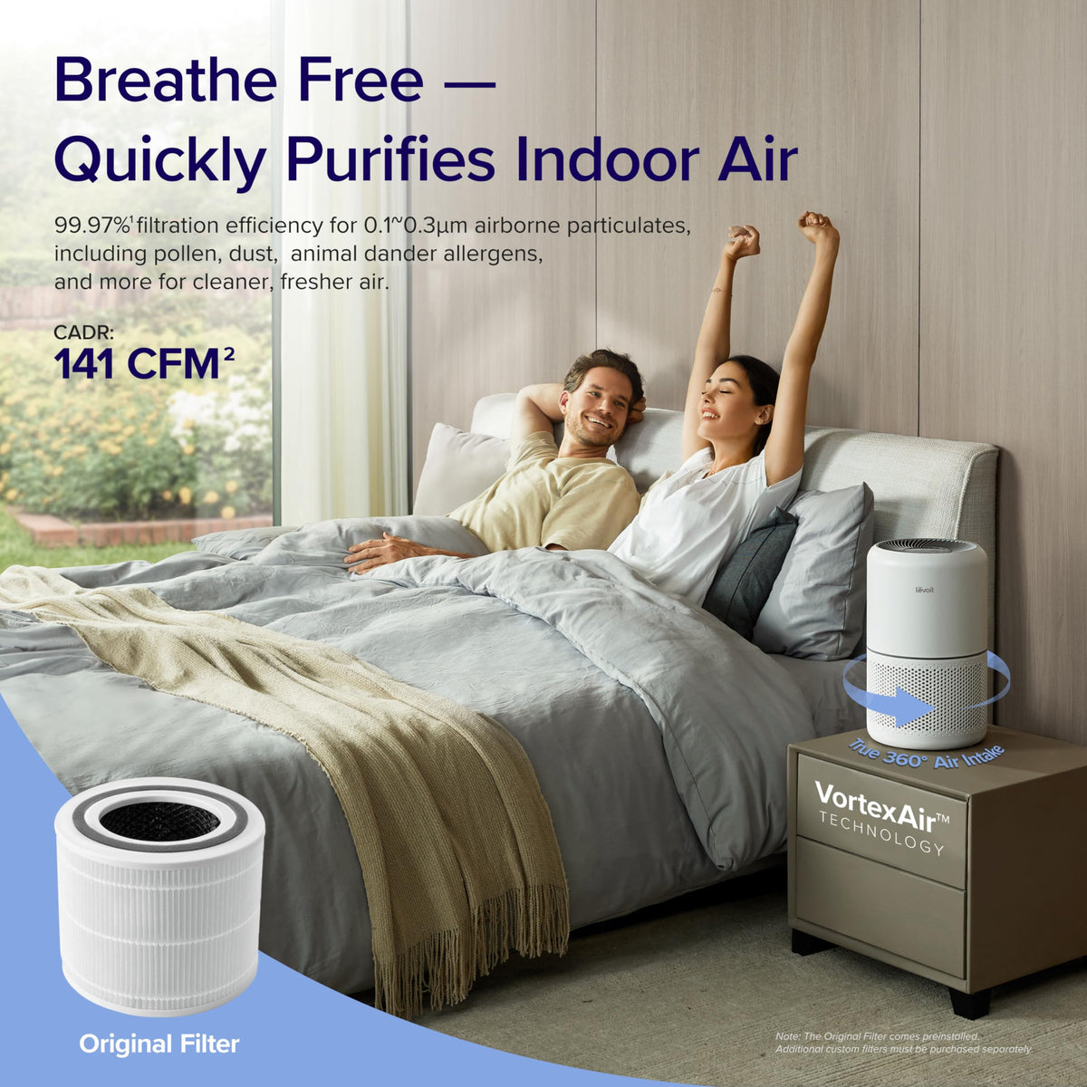 LEVOIT Air Purifier 3-in-1 Filter with HEPA sleep mode, Remove Dust Smoke Pollutants Odor