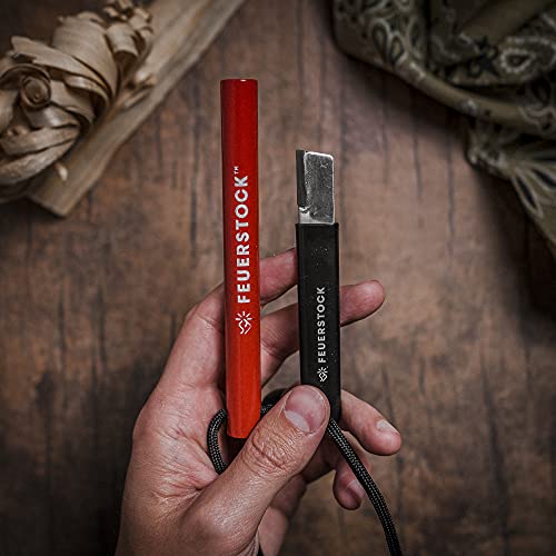 Feuerstock fire starter survival tool for camping, full-grip carbide ferro rod striker, firestarter with patented red protective coating, shower sparks in rain snow cold storms, black paracord lanyard