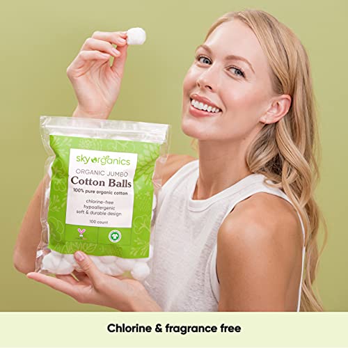 Sky Organics Organic Jumbo Cotton Balls for Sensitive Skin, 100% Pure GOTS  Certified Organic for Beauty & Personal Care, 100 ct.