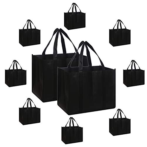 Set of 10 Reusable Grocery Bags Extra Large Foldable Heavy Duty Shopping Tote Produce Bag with Reinforced Handles, Black