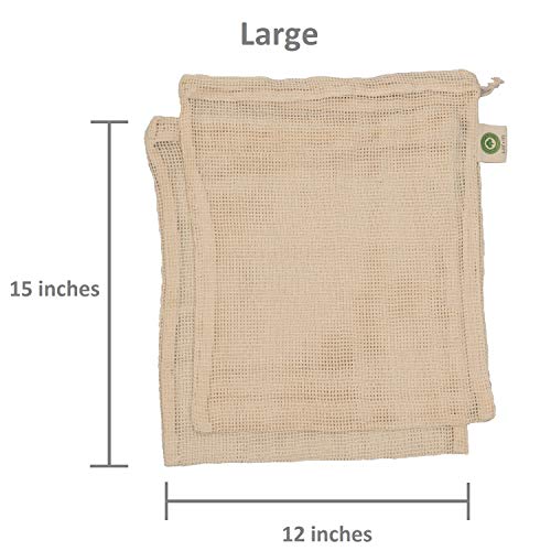 Reusable Cotton Mesh Produce Bags - 100% Organic Cotton, Durable, Double Stitched, Washable with Tare Weight &amp; Drawstring - Mesh Bags for Grocery Shopping, Vegetables &amp; Fruits | 6 Bags (2L, 2M, 2S)
