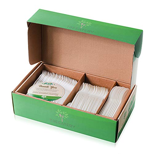 Treeatery Compostable Cutlery Set - 380 Value Pack [180 Forks, 100 Spoons, 100 Knives] - Plant A Tree With Every Box - Eco Friendly Compostable Utensils-BPI Certified Plant-Based Disposable Silverware