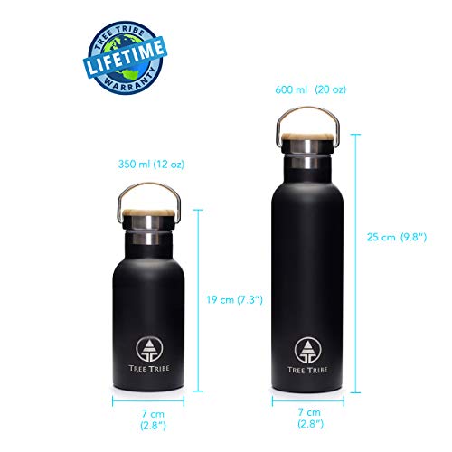Tree Tribe Black Stainless Steel Water Bottle 20 oz - Indestructible, BPA Free, 100% Leak Proof, Eco Friendly, Double Wall Insulated Technology for Hot and Cold Drinks, Wide Mouth, Bamboo Cap