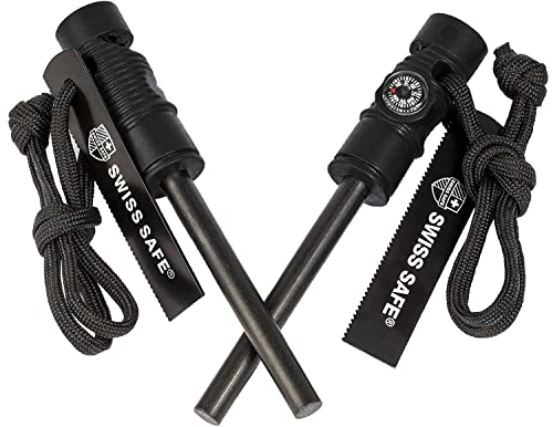 Swiss Safe 5-in-1 Fire Starter with Compass, Paracord and Whistle (2-Pack) for Emergency Survival Kits, Camping, Hiking, All-Weather Magnesium Ferro Rod (Black)