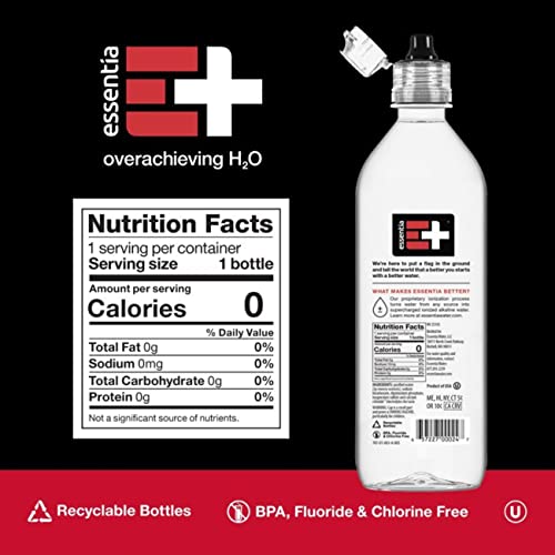 Essentia Bottled Water, Ionized Alkaline Water; 99.9% Pure, Infused with Electrolytes, 9.5 pH or Higher with a Clean, Smooth Taste, 23.67 Fl Oz (Pack of 24)