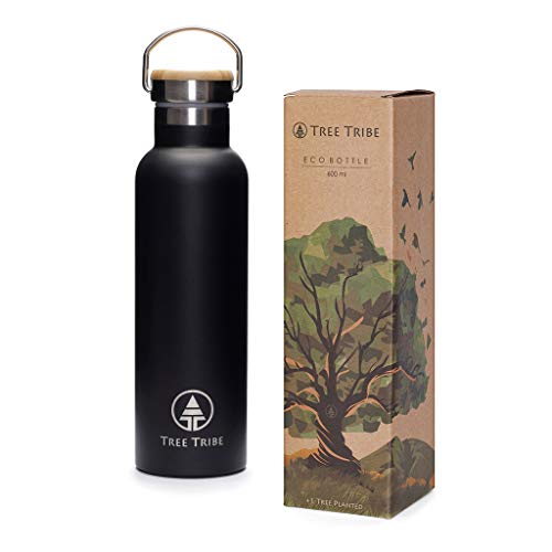 Tree Tribe Black Stainless Steel Water Bottle 20 oz - Indestructible, BPA Free, 100% Leak Proof, Eco Friendly, Double Wall Insulated Technology for Hot and Cold Drinks, Wide Mouth, Bamboo Cap