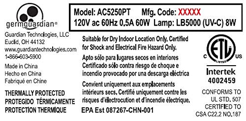 Germ Guardian AC5250PT 28” 3-in-1 True HEPA Filter Air Purifier for Home and Pets, Large Rooms, UV-C Sanitizer, Filters Allergies, Smoke, Dust, Dander, &amp; Odors, 5-Yr Wty, GermGuardian, Grey