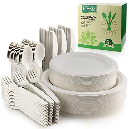 250 Piece Biodegradable Paper Plates Set (EXTRA LONG UTENSILS), Disposable Dinnerware Set, Eco Friendly Compostable Plates & Utensil include Plates, Forks, Knives and Spoons for Party, Camping, Picnic