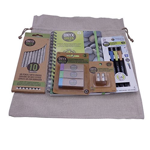 Recycled Sustainable Materials Green Eco Friendly School Supplies Kit - Pens Pencils Erasers Sharpener and Stone Paper Notebook - with a Natural Burlap Carry Bag