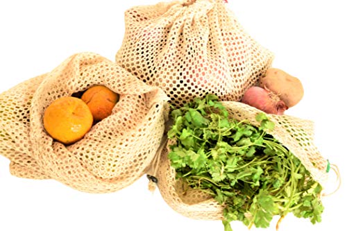 Reusable Mesh Produce Bags from 100% Cotton - Mesh Vegetable Bags - Eco-friendly, Bio-degradable & Washable Mesh Fruit, Vegetable & Produce Bags - Veggie Bags (3 Small, 3 Medium, 3 Large) (9)