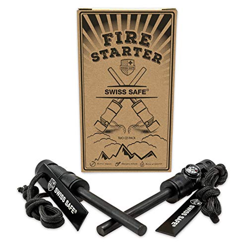 Swiss Safe 5-in-1 Fire Starter with Compass, Paracord and Whistle (2-Pack) for Emergency Survival Kits, Camping, Hiking, All-Weather Magnesium Ferro Rod (Black)