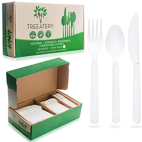 Treeatery Compostable Cutlery Set - 380 Value Pack [180 Forks, 100 Spoons, 100 Knives] - Plant A Tree With Every Box - Eco Friendly Compostable Utensils-BPI Certified Plant-Based Disposable Silverware