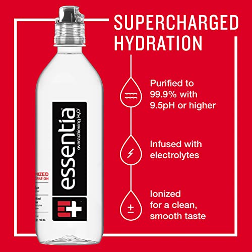 Essentia Bottled Water, Ionized Alkaline Water; 99.9% Pure, Infused with Electrolytes, 9.5 pH or Higher with a Clean, Smooth Taste, 23.67 Fl Oz (Pack of 24)