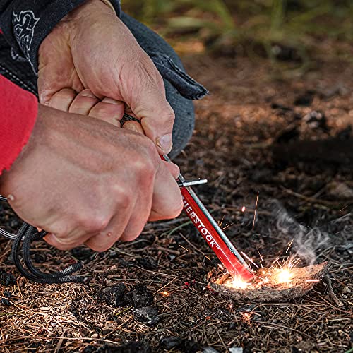 Feuerstock fire starter survival tool for camping, full-grip carbide ferro rod striker, firestarter with patented red protective coating, shower sparks in rain snow cold storms, black paracord lanyard