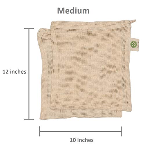 Reusable Cotton Mesh Produce Bags - 100% Organic Cotton, Durable, Double Stitched, Washable with Tare Weight &amp; Drawstring - Mesh Bags for Grocery Shopping, Vegetables &amp; Fruits | 6 Bags (2L, 2M, 2S)