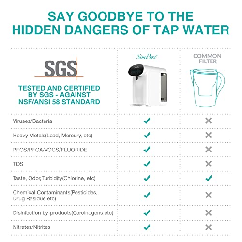 SimPure Y7P-W UV Countertop Reverse Osmosis Water Filtration Purification System, 4 Stage RO Water Filter, Bottleless Water Dispenser, 4: 1 Pure to Drain (No Installation Required)