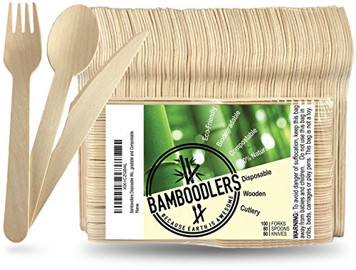 BAMBOODLERS Disposable Wooden Cutlery Set | 100% All-Natural, Eco-Friendly, Biodegradable, and Compostable - Because Earth is Awesome! Pack of 200- 6.5” utensils (100 forks, 50 spoons, 50 knives)