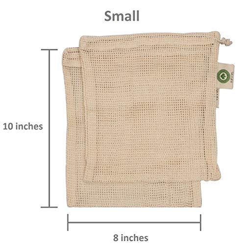 Reusable Cotton Mesh Produce Bags - 100% Organic Cotton, Durable, Double Stitched, Washable with Tare Weight &amp; Drawstring - Mesh Bags for Grocery Shopping, Vegetables &amp; Fruits | 6 Bags (2L, 2M, 2S)