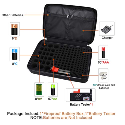 Fireproof Battery Organizer Storage Case Waterproof &amp; Explosionproof, Safe Bag Fits 210+ Batteries Case - with Tester BT-168, Carrying Container Bag Energy Batteries AA AAA C D 9V Iithium 3V Holder