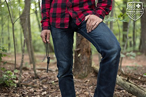 Swiss Safe 5-in-1 Fire Starter with Compass, Paracord and Whistle (2-Pack) for Emergency Survival Kits, Camping, Hiking, All-Weather Magnesium Ferro Rod (Black)