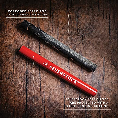 Feuerstock fire starter survival tool for camping, full-grip carbide ferro rod striker, firestarter with patented red protective coating, shower sparks in rain snow cold storms, black paracord lanyard