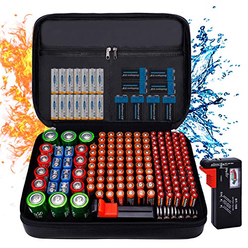 Fireproof Battery Organizer Storage Case Waterproof & Explosionproof, Safe Bag Fits 210+ Batteries Case - with Tester BT-168, Carrying Container Bag Energy Batteries AA AAA C D 9V Iithium 3V Holder