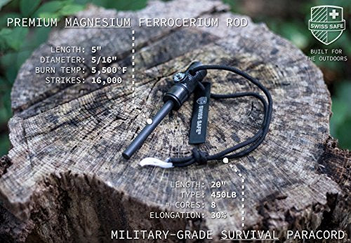 Swiss Safe 5-in-1 Fire Starter with Compass, Paracord and Whistle (2-Pack) for Emergency Survival Kits, Camping, Hiking, All-Weather Magnesium Ferro Rod (Black)