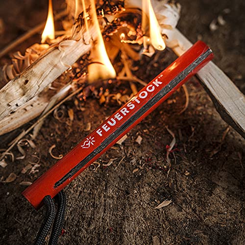 Feuerstock fire starter survival tool for camping, full-grip carbide ferro rod striker, firestarter with patented red protective coating, shower sparks in rain snow cold storms, black paracord lanyard