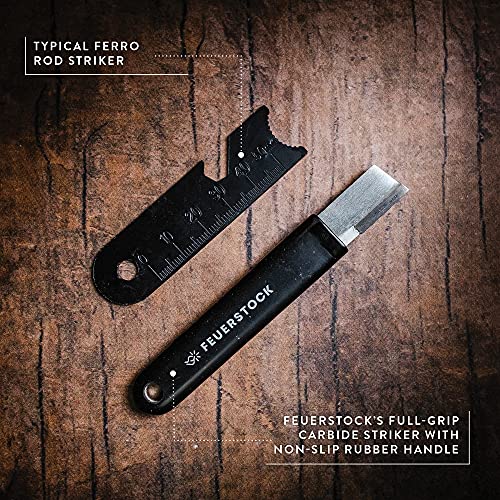 Feuerstock fire starter survival tool for camping, full-grip carbide ferro rod striker, firestarter with patented red protective coating, shower sparks in rain snow cold storms, black paracord lanyard