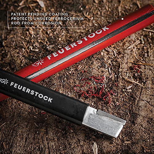 Feuerstock fire starter survival tool for camping, full-grip carbide ferro rod striker, firestarter with patented red protective coating, shower sparks in rain snow cold storms, black paracord lanyard
