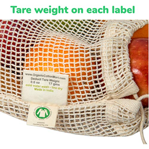 Reusable Cotton Mesh Produce Bags - 100% Organic Cotton, Durable, Double Stitched, Washable with Tare Weight &amp; Drawstring - Mesh Bags for Grocery Shopping, Vegetables &amp; Fruits | 6 Bags (2L, 2M, 2S)